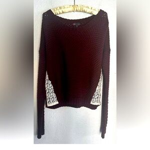 T/O Women’s Chunky Knit Pullover Long Sleeve Sweater Lace Sides Plum XL